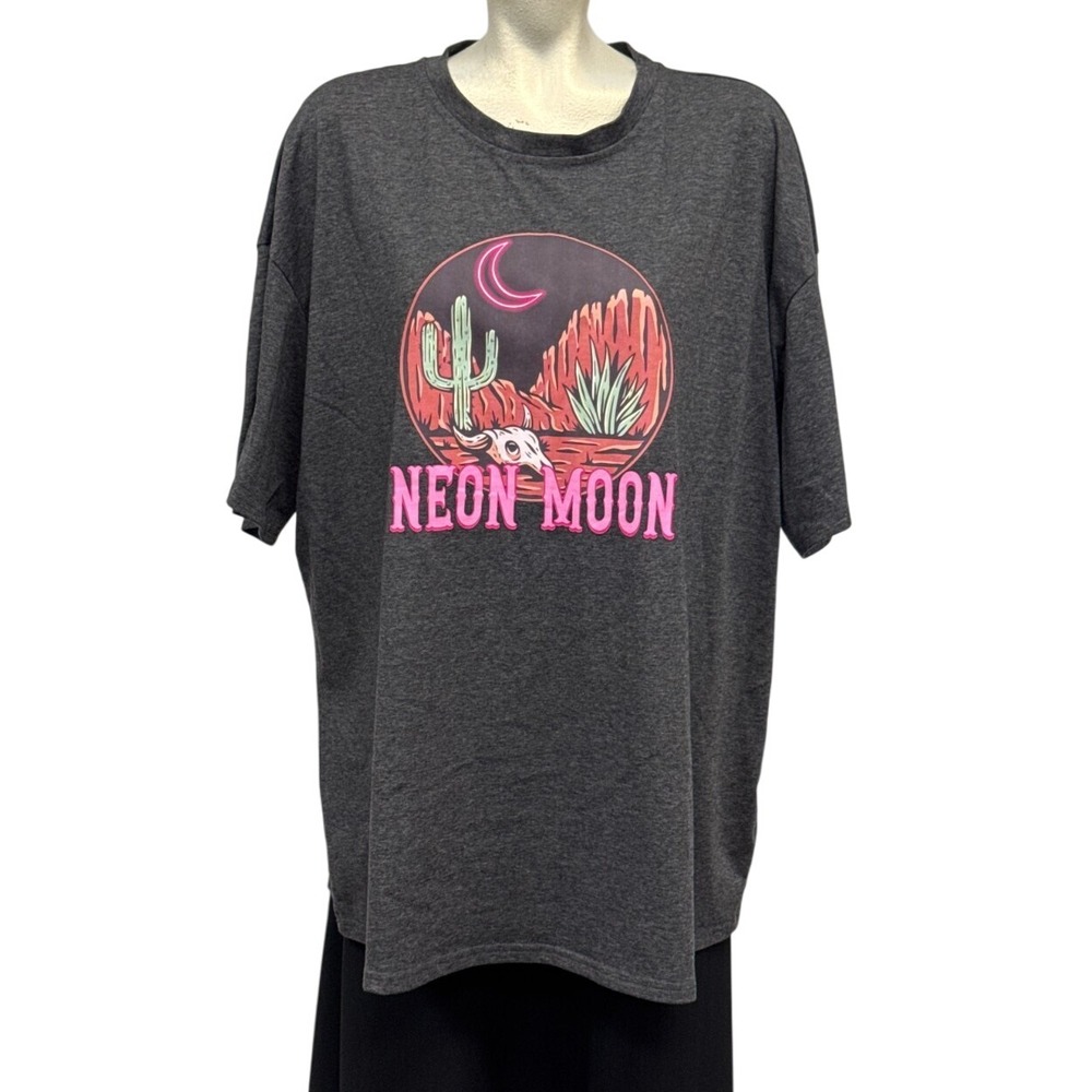 Womens 2XL Gray Oversized Short Sleeve Cowboy Desert Neon Moon Graphic‎ T Shirt